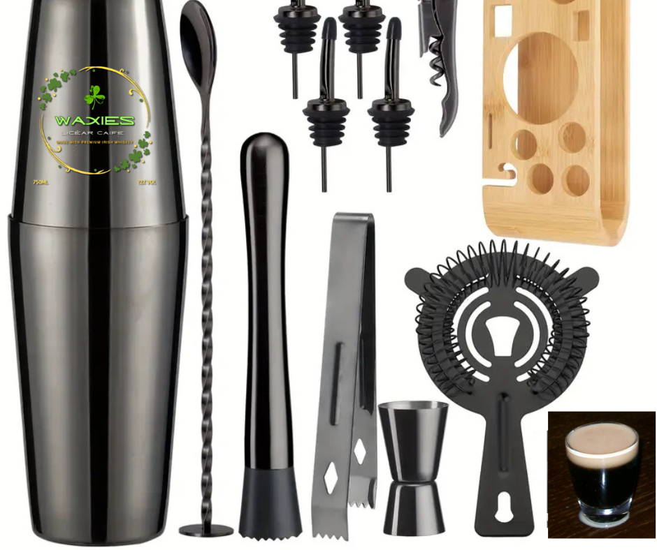WAXIES 12-Piece Stainless Steel Cocktail Set, complete with a handcrafted wooden stand