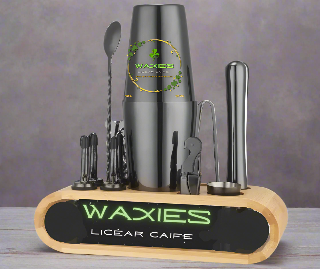 WAXIES 12-Piece Stainless Steel Cocktail Set, complete with a handcrafted wooden stand